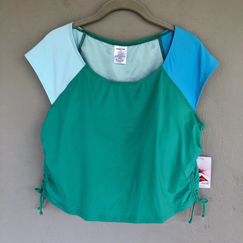 Lands End Tankini Top Womens 18W Green Blue Colorblock Padded Resort Beach